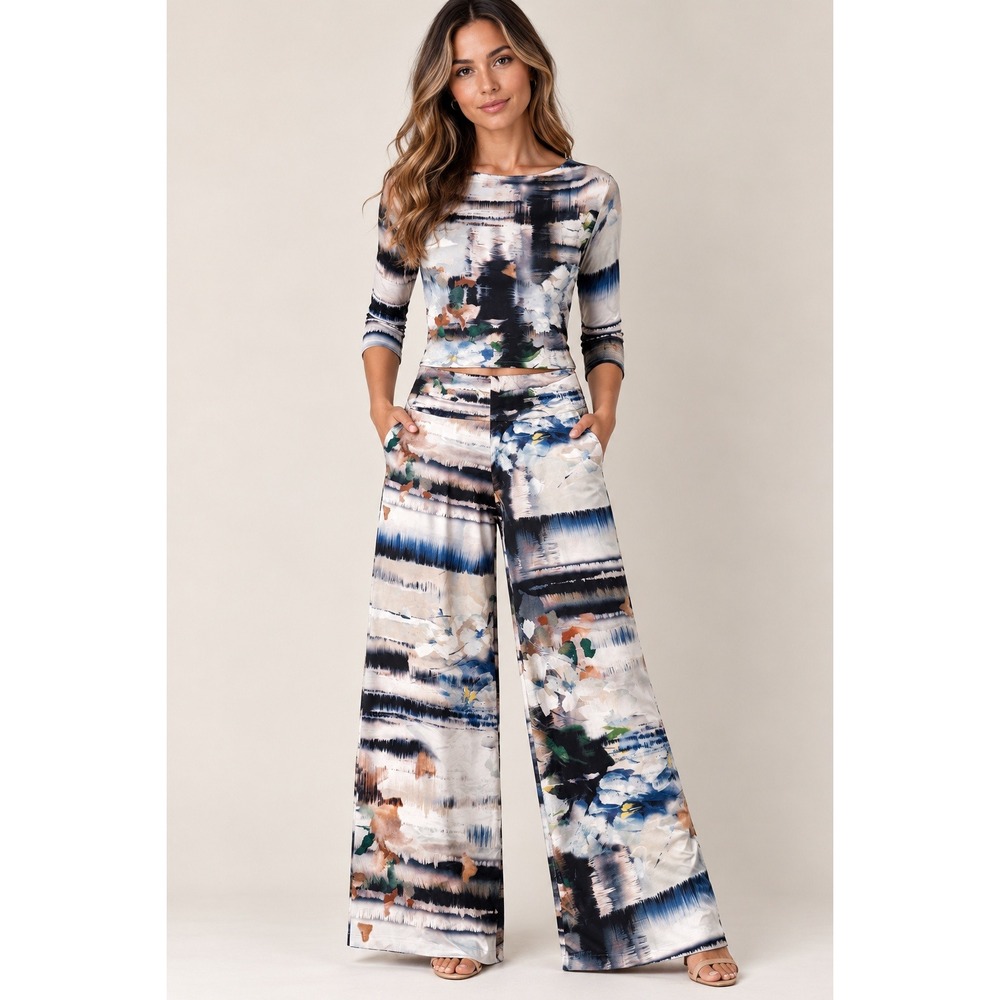 Pia Colors Womens 2 Piece Set S Multicolor Abstract Floral Wide Leg Pant Suit